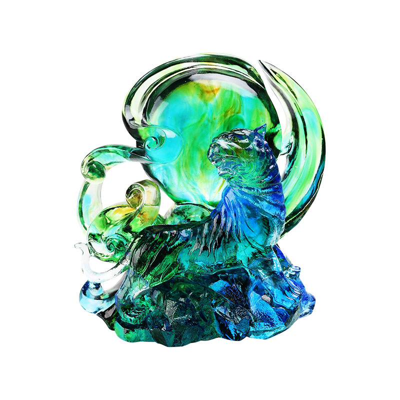 Ornáidí tíogair gloine criostail trédhearcach gorm-uaine