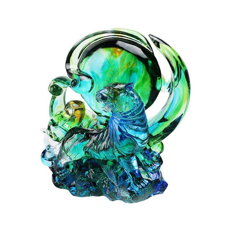 Ornáidí tíogair gloine criostail trédhearcach gorm-uaine