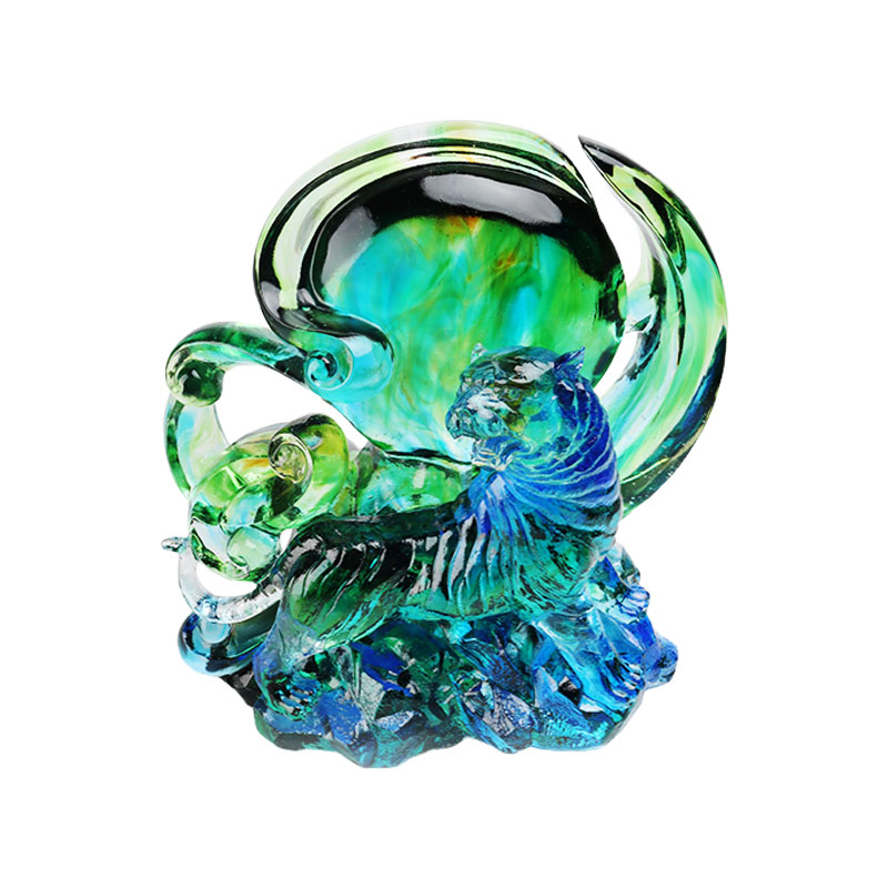 Ornáidí tíogair gloine criostail trédhearcach gorm-uaine