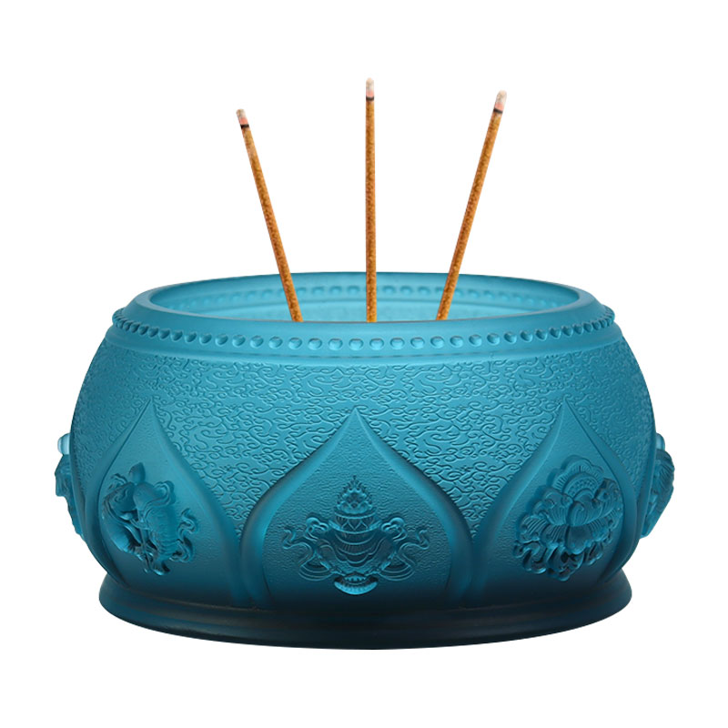 Ríoga Gorm Ocht Siombail Auspicious Altar Búdaíoch Crystal Glass Offerings