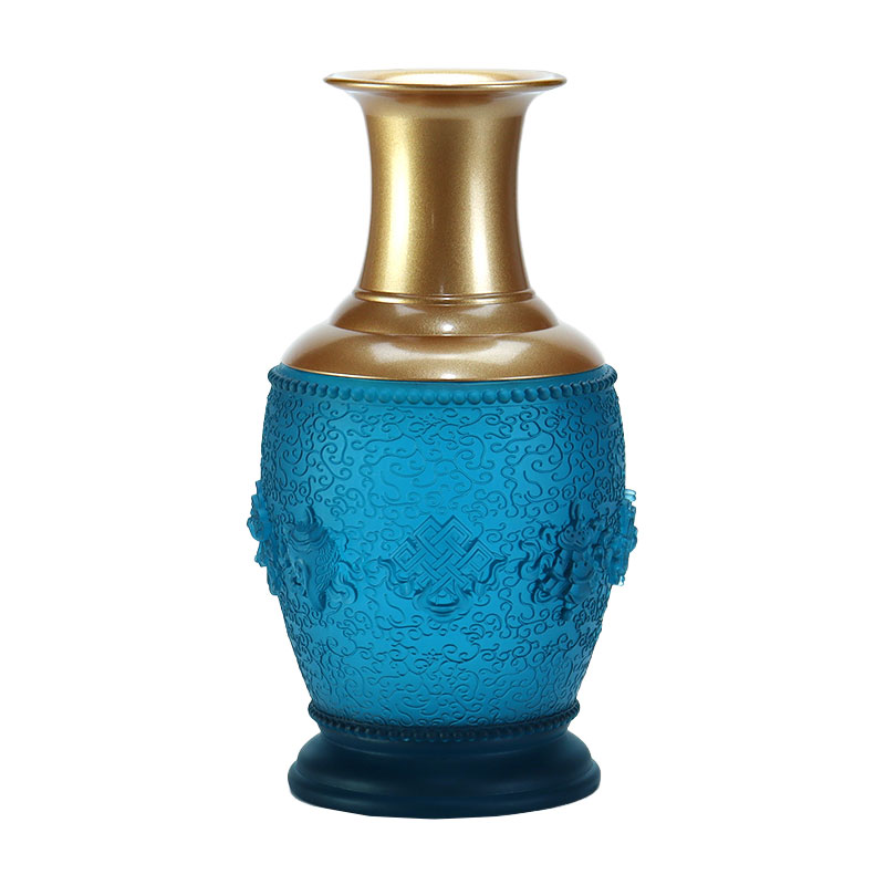 Ríoga Gorm Ocht Siombail Auspicious Altar Búdaíoch Crystal Glass Offerings