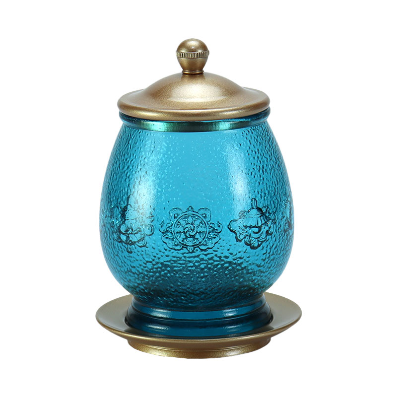 Ríoga Gorm Ocht Siombail Auspicious Altar Búdaíoch Crystal Glass Offerings